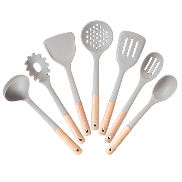 HKM-784787 7-Piece Silicone Kitchen Utensil Set with Wooden Handles