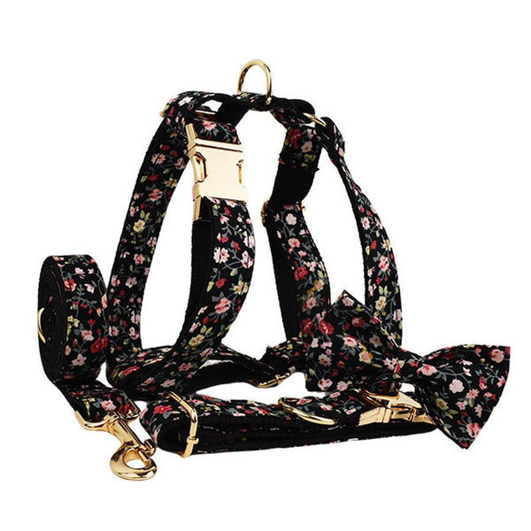HKM-785107 Cute Bow Lettering Printed Pet Collar and Leash Set with Vest ¨C Stylish Four-Piece Accessory for Dogs