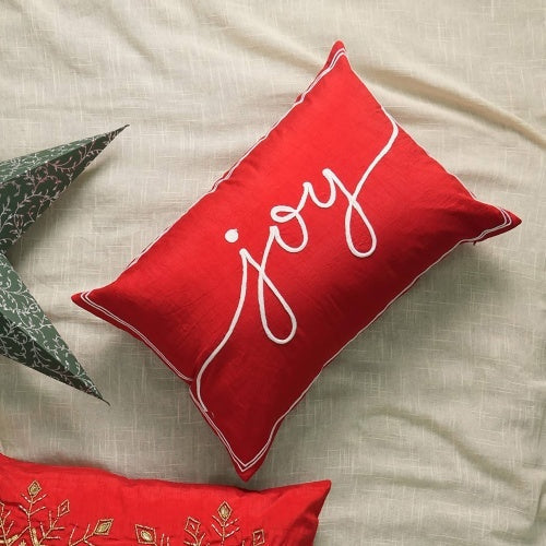 HKM-785235 Coastal Collection Polyester Lumbar Pillow with "Joy" Embroidery, 24x16 inches