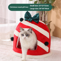 HKM-7853885 Cozy Enclosed Dual-Use Christmas Cat Bed with Jingle Bell and Plush Fabric