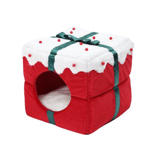 HKM-7853885 Cozy Enclosed Dual-Use Christmas Cat Bed with Jingle Bell and Plush Fabric