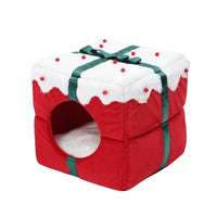 HKM-7853885 Cozy Enclosed Dual-Use Christmas Cat Bed with Jingle Bell and Plush Fabric