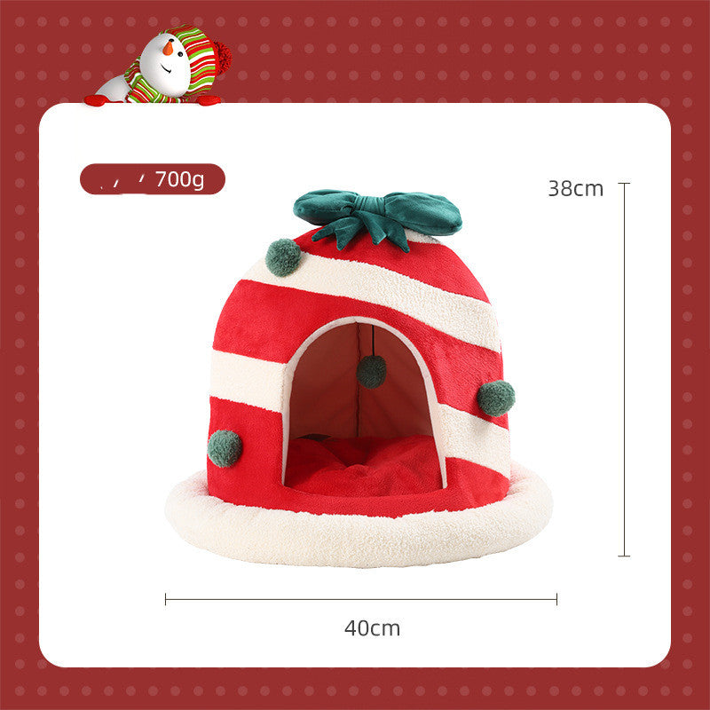 HKM-7853885 Cozy Enclosed Dual-Use Christmas Cat Bed with Jingle Bell and Plush Fabric