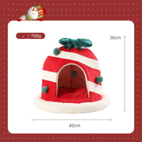 HKM-7853885 Cozy Enclosed Dual-Use Christmas Cat Bed with Jingle Bell and Plush Fabric
