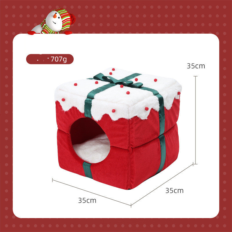 HKM-7853885 Cozy Enclosed Dual-Use Christmas Cat Bed with Jingle Bell and Plush Fabric