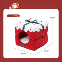 HKM-7853885 Cozy Enclosed Dual-Use Christmas Cat Bed with Jingle Bell and Plush Fabric