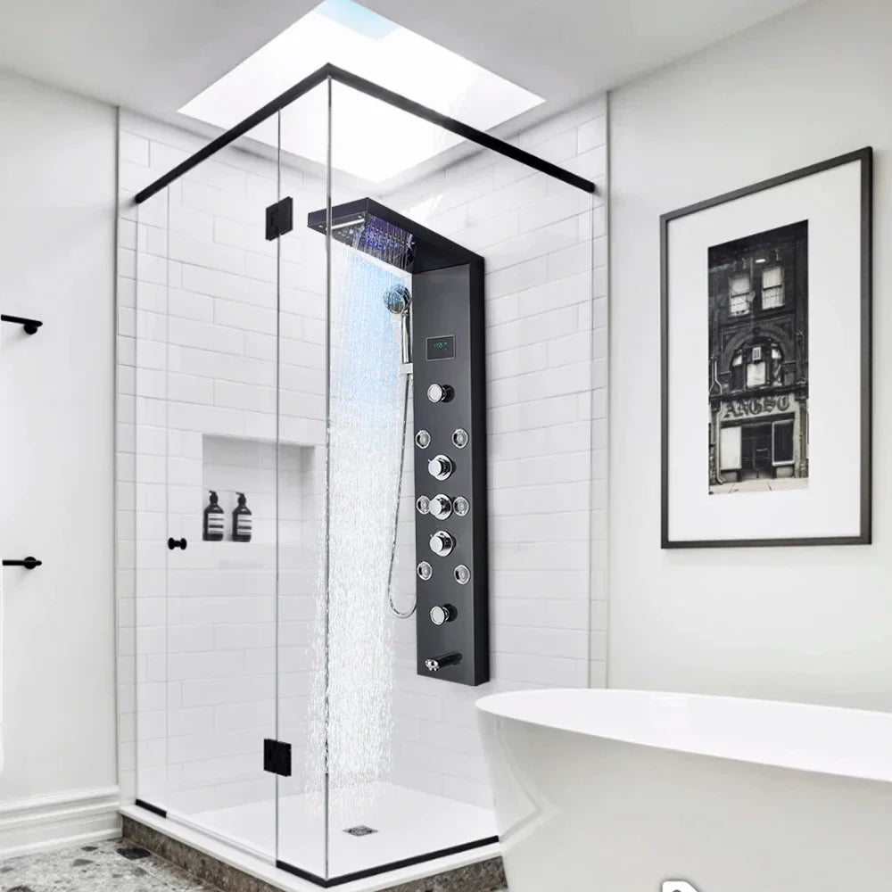 HKM-786259 5-in-1 Black Stainless Steel Multifunction Rain Shower System with Body Spray Head