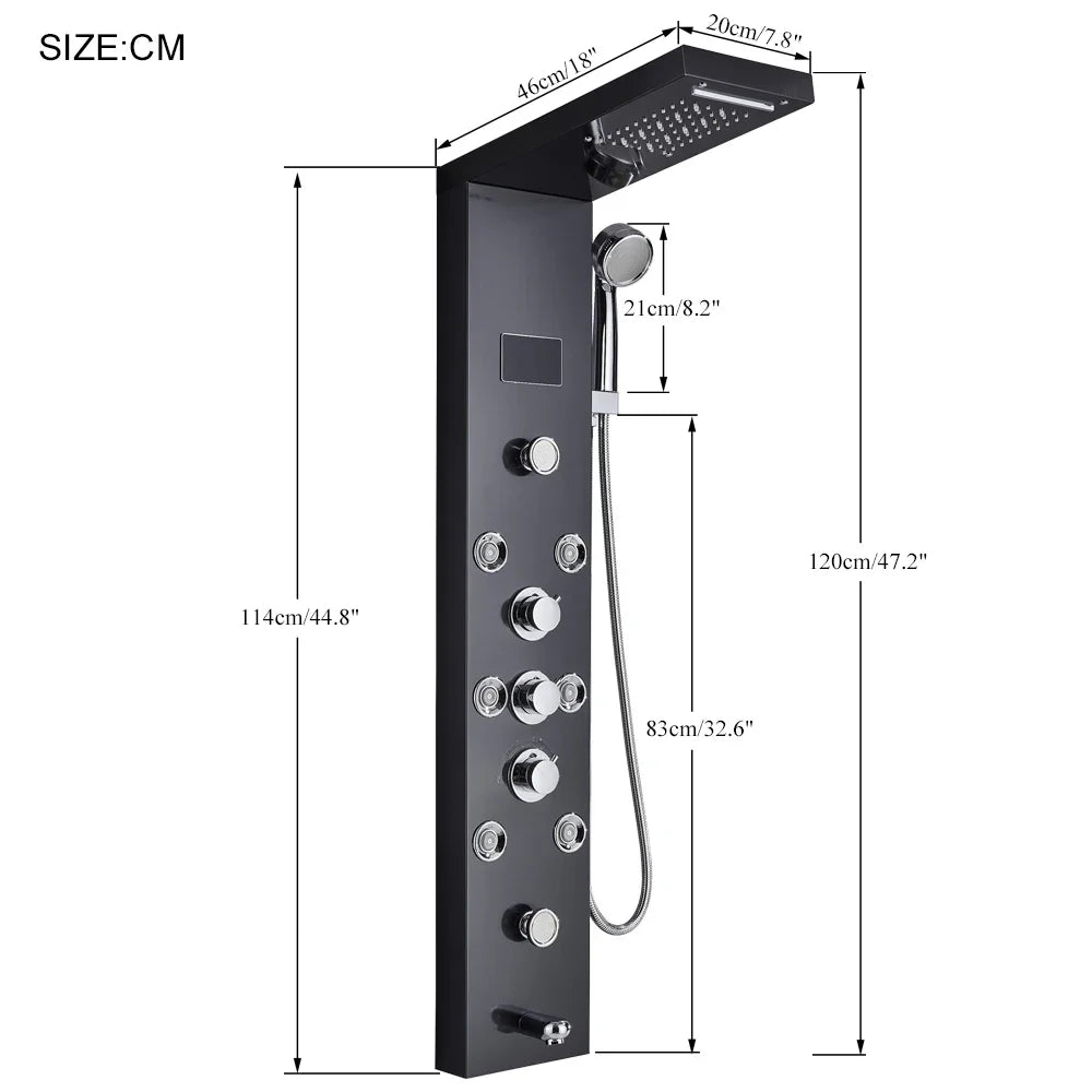 HKM-786259 5-in-1 Black Stainless Steel Multifunction Rain Shower System with Body Spray Head