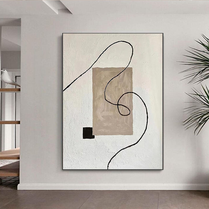 HKM-786323 Minimalist Black and White Hand-Painted Oil Painting on Canvas for Living Room Décor - Available in Multiple Frame Options