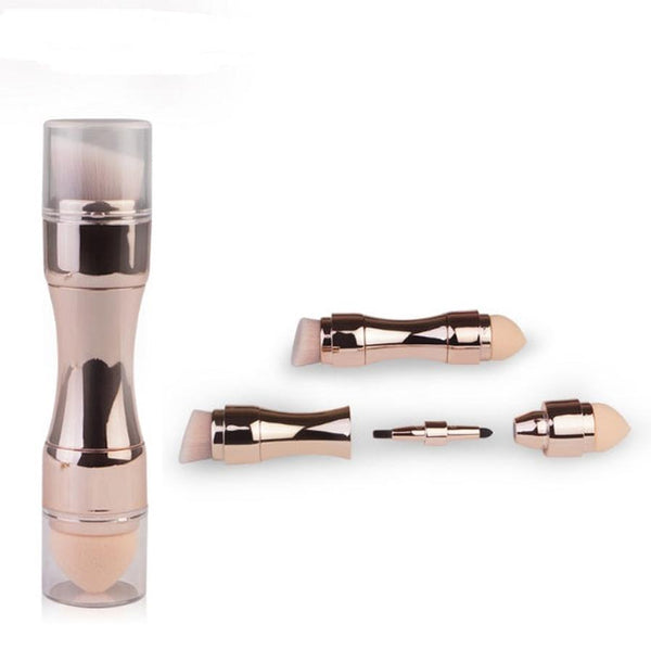 HKM-786451 4-in-1 Portable Makeup Brush Set with PBT Bristles and Latex Sponge Puff