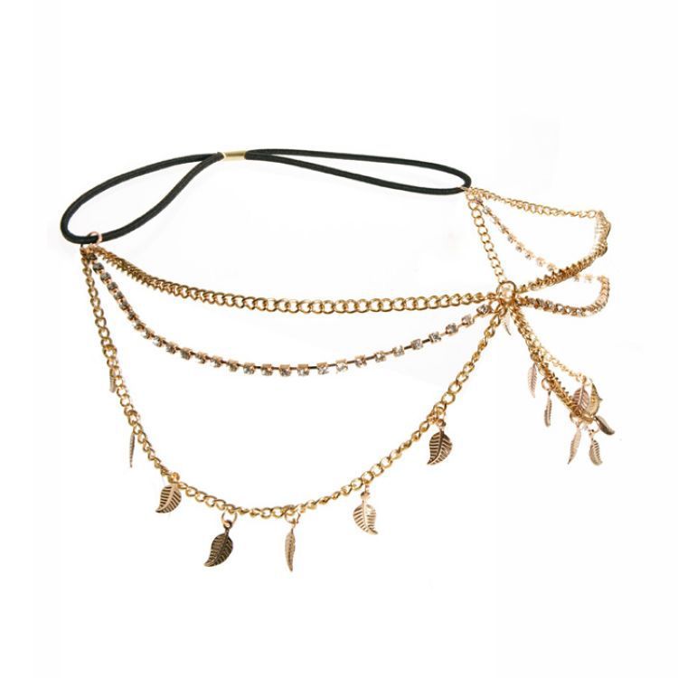HKM-786963 Multi-Layered Tassel Headband with Diamond-Studded Leaf Design in Gold