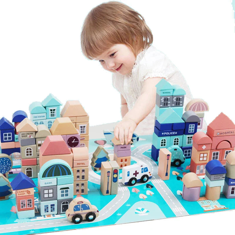 HKM-786963 Wooden Building Blocks Set for Creative City Scenes - Educational Geometric Shapes for Ages 3+