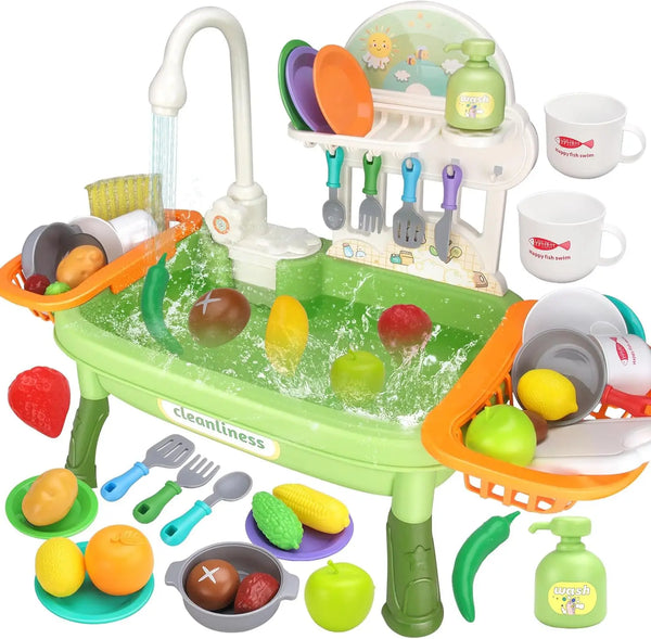 HKM-787347 Upgraded Pretend Kitchen Sink Play Set with Working Faucet and Dishes for Kids