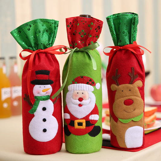 HKM-787667 Embroidered Sequin Wine Bottle Bag Featuring Snowman and Deer Design