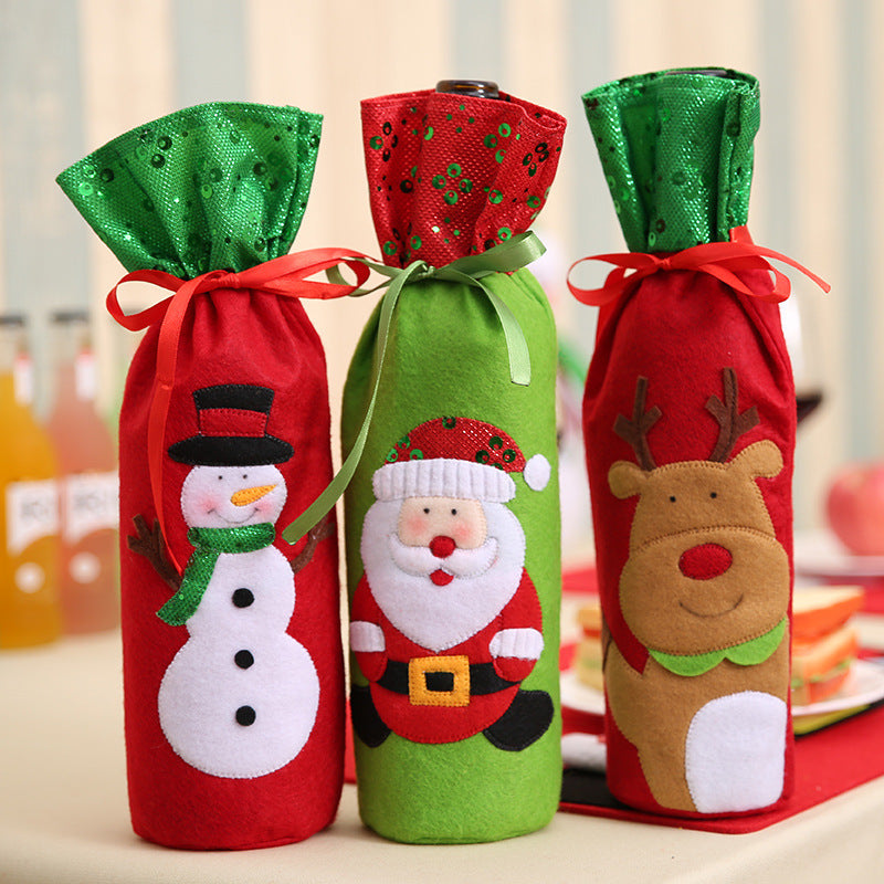 HKM-787667 Embroidered Sequin Wine Bottle Bag Featuring Snowman and Deer Design