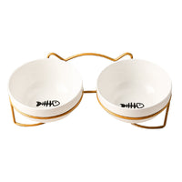 HKM-7877053 Ceramic Cat and Dog Bowl with Cat Ear Iron Frame in Pure White and Unique Designs
