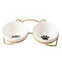 HKM-7877053 Ceramic Cat and Dog Bowl with Cat Ear Iron Frame in Pure White and Unique Designs