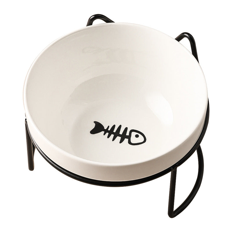 HKM-7877053 Ceramic Cat and Dog Bowl with Cat Ear Iron Frame in Pure White and Unique Designs