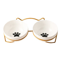 HKM-7877053 Ceramic Cat and Dog Bowl with Cat Ear Iron Frame in Pure White and Unique Designs
