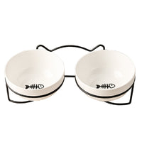 HKM-7877053 Ceramic Cat and Dog Bowl with Cat Ear Iron Frame in Pure White and Unique Designs