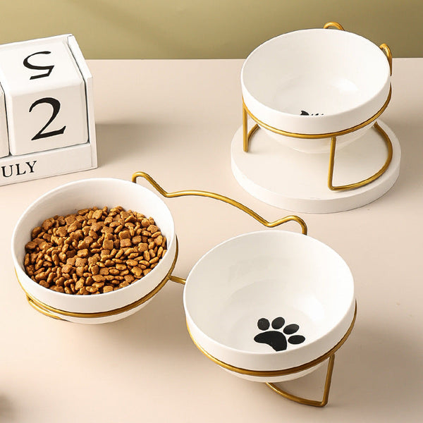 HKM-7877053 Ceramic Cat and Dog Bowl with Cat Ear Iron Frame in Pure White and Unique Designs