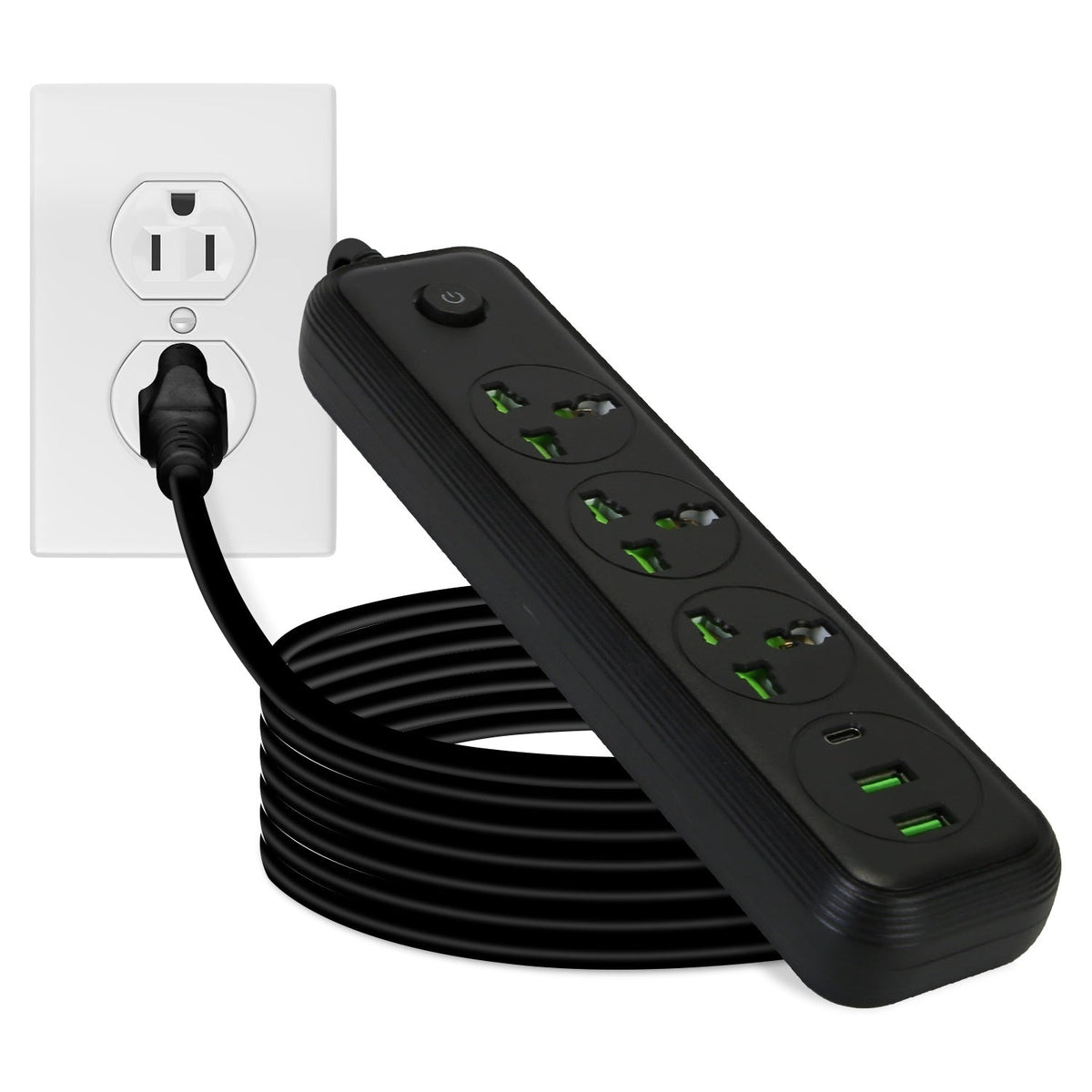 HKM-787731 6FT Power Strip with 3 AC Outlets, 2 USB A Ports, and 1 USB C Port, Wall Mountable with Safety Cover, Ideal for Home and Office Use