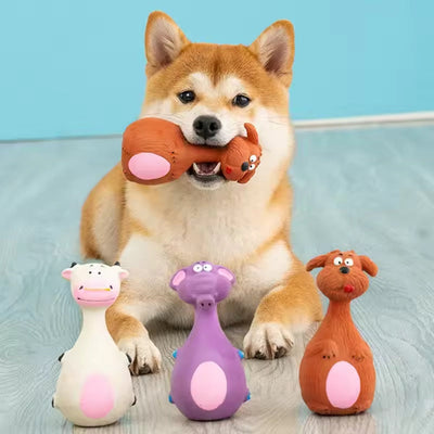 HKM-7879485 Interactive Latex Dog Chew Toy Set - 4 Cartoon Shaped Toys for Dental Health and Anxiety Relief
