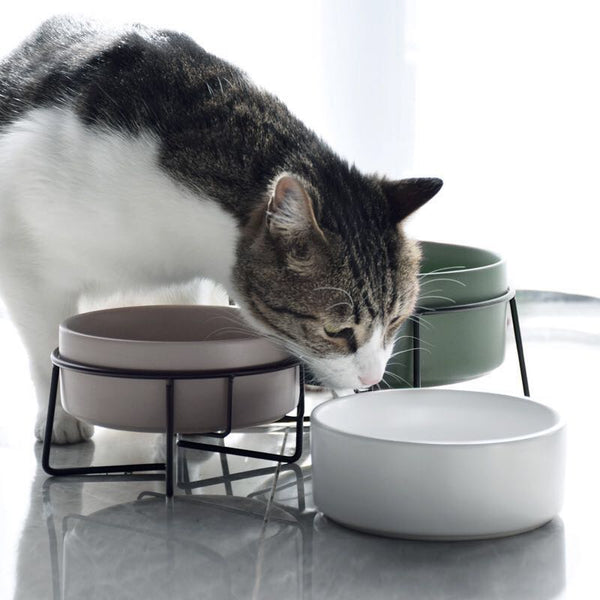 HKM-7881021 Metal Frame Ceramic Pet Bowl - Grey, Dark Green, Pink, Yellow, White - 400ml, 850ml, 1800ml for Cats and Dogs