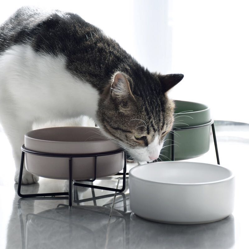 HKM-7881021 Metal Frame Ceramic Pet Bowl - Grey, Dark Green, Pink, Yellow, White - 400ml, 850ml, 1800ml for Cats and Dogs