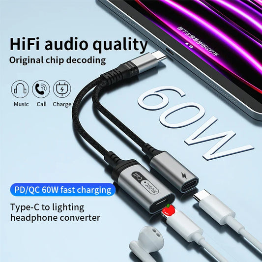 HKM-788435 USB C to Lightning Headphone Jack Adapter with Type C Charging for iPhone 15/15 Pro, iPad Pro 2020/2021, and MacBook