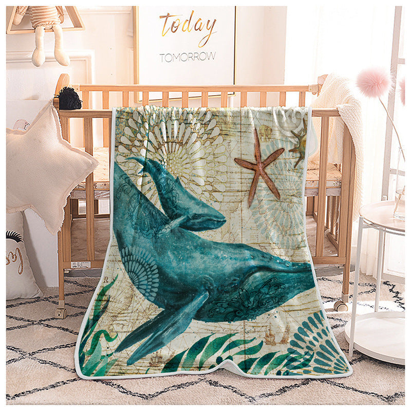 HKM-788691 Plush Digital Printing Blanket in Blue, White, and Green - Available in Multiple Sizes