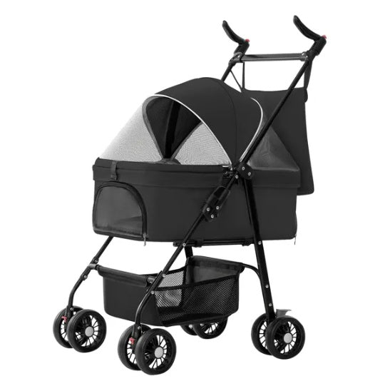 HKM-7890237 Foldable Pet Stroller with Removable Liner and Storage Basket for Dogs and Cats