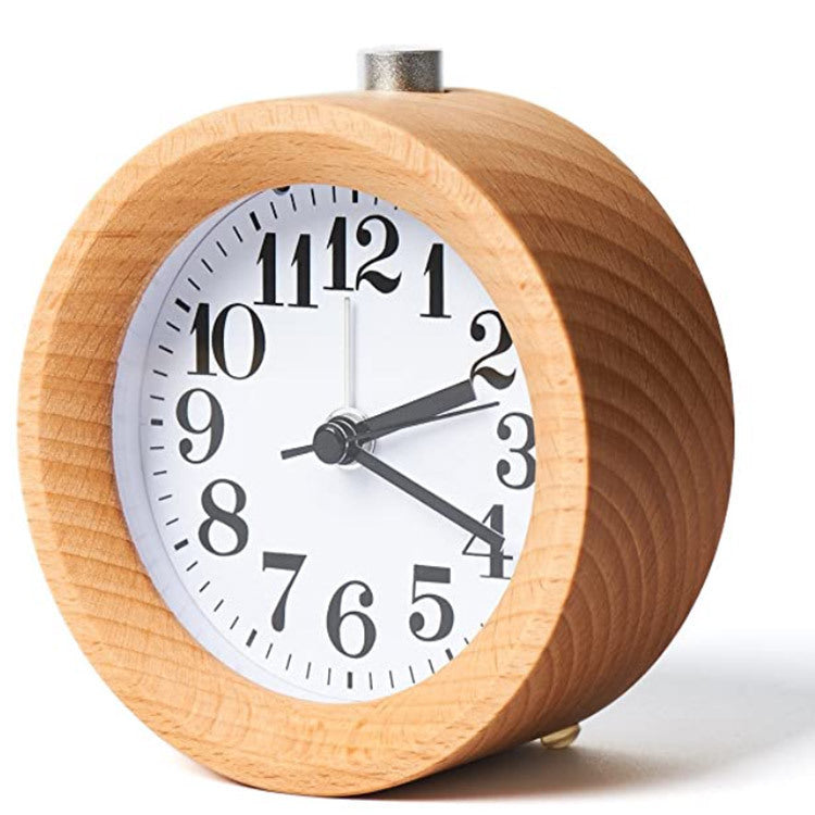 HKM-789395 Solid Beech Wood Bedside Alarm Clock with Silent Snooze Feature, 4-Inch Design