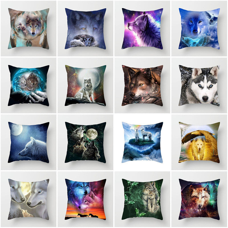 HKM-789587 3D Fluorescent Wolf Polyester Pillowcase - Animal Pattern, 45x45cm, Peach Skin Fabric