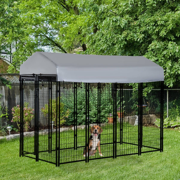 HKM-7895997 Outdoor Dog Kennel with Roof - Spacious 32 sq. ft Secure Activity Area for Large Dogs, Rust-Resistant Construction