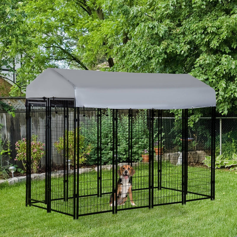 HKM-7895997 Outdoor Dog Kennel with Roof - Spacious 32 sq. ft Secure Activity Area for Large Dogs, Rust-Resistant Construction