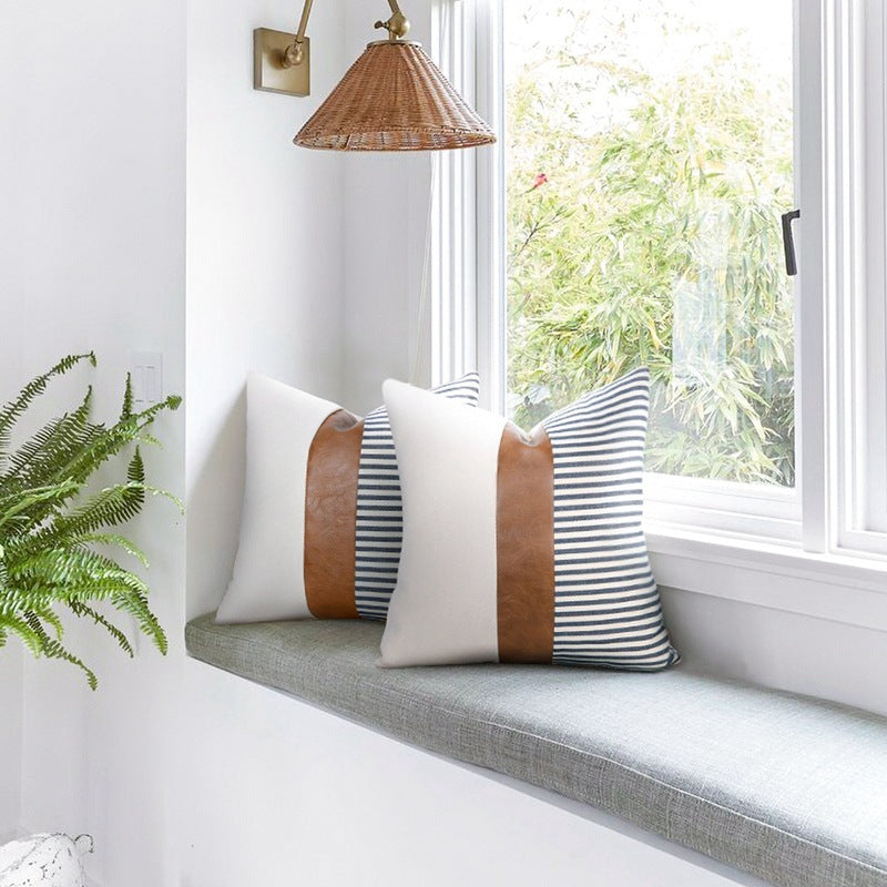 HKM-789907 PU Leather and Canvas Stripe Pillowcase for Sofa and Car - 45x45 cm, Multiple Color Options