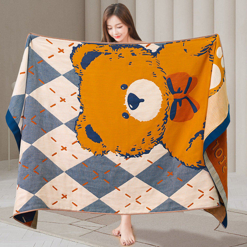 HKM-790099 Four-Layer Cotton Gauze Bath Towel - Soft, Quick-Drying, and Water-Absorbing - Available in Blue Bear or Leap Secret Rabbit Design (160 x 80 cm)