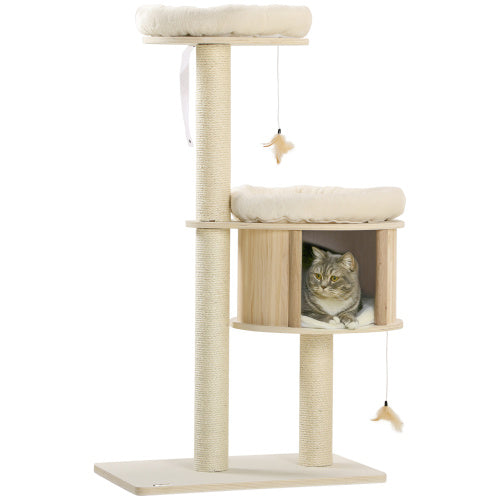 HKM-7901373 3-Level Cat Tree with Sisal Scratching Posts, Soft Cushions, and Fun Badminton Toy