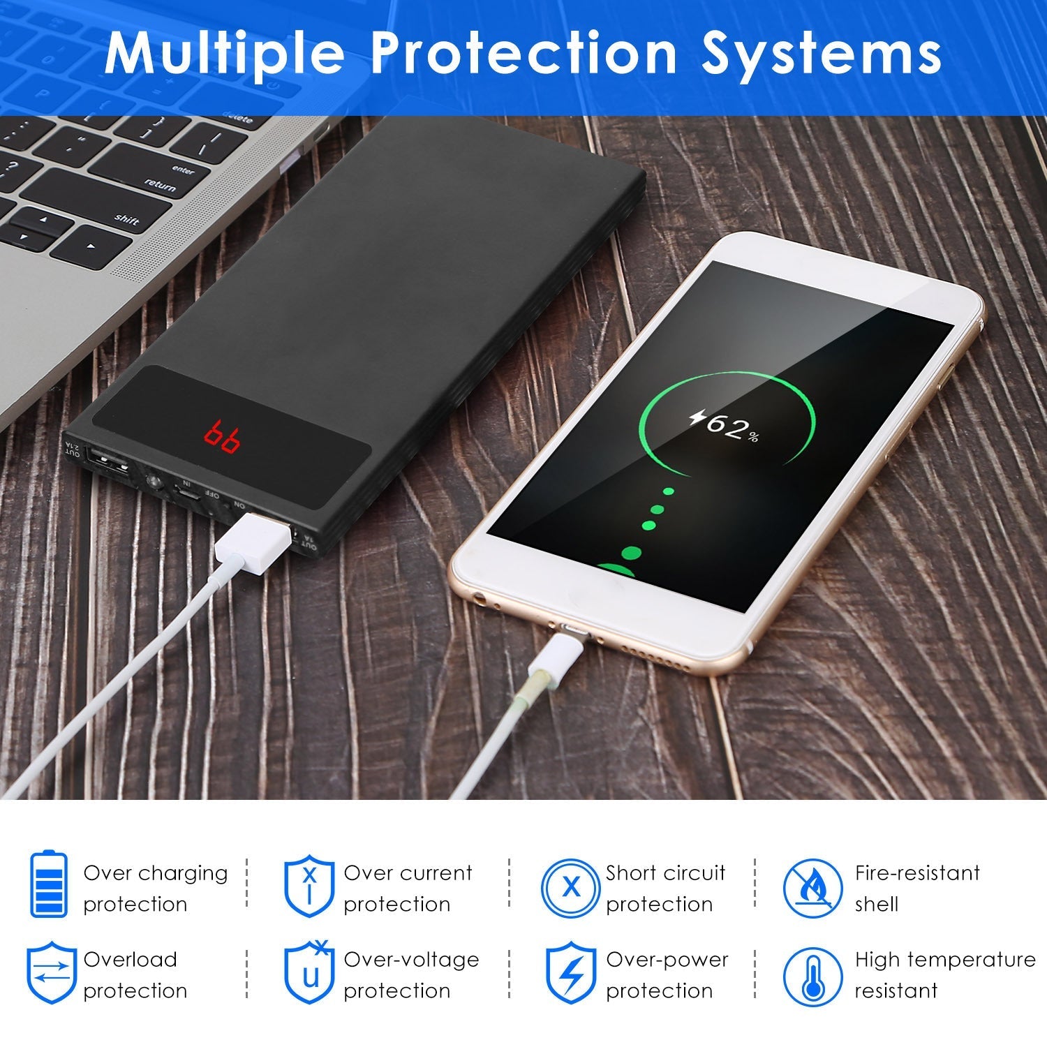 HKM-790227 20000mAh Ultra-Thin Power Bank with Dual USB Ports, Smart Display, and Flashlight
