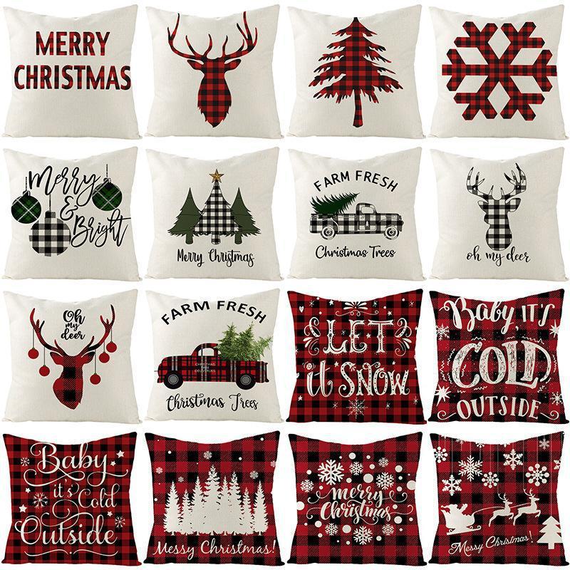 HKM-790227 Nordic Plaid Linen Cushion Cover - Christmas Design, 45x45cm, Soft PP Cotton Filling