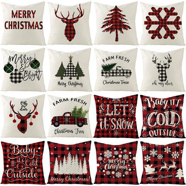 HKM-790227 Nordic Plaid Linen Cushion Cover - Christmas Design, 45x45cm, Soft PP Cotton Filling