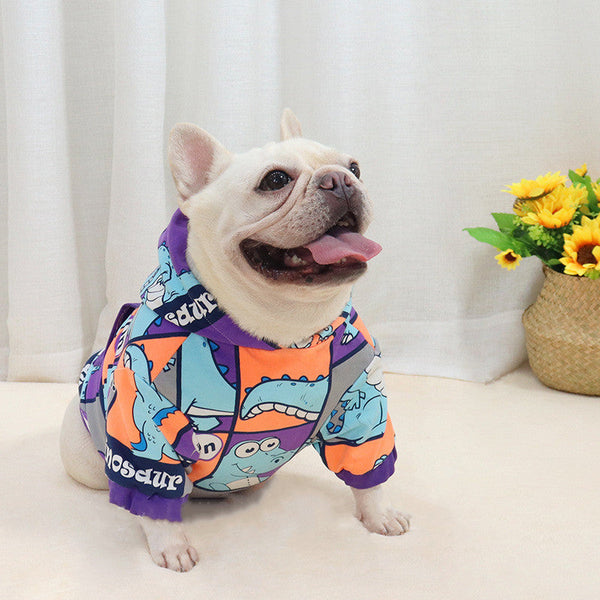 HKM-7903165 Cozy Dinosaur Hooded Fleece-Lined Sweater for Short Body Dogs - Warm Polyester Pet Clothing