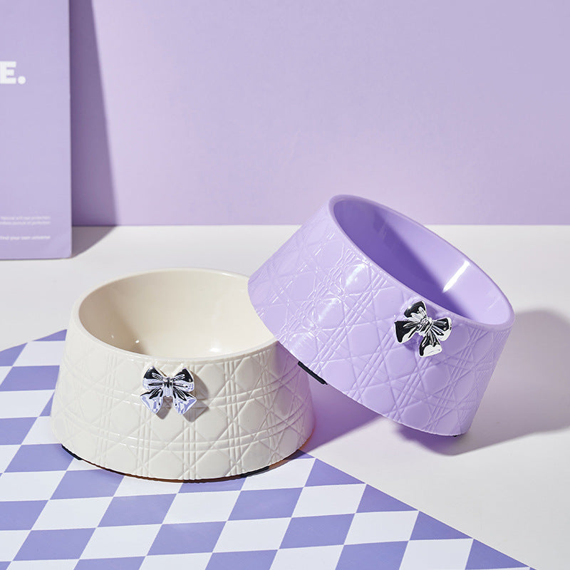 HKM-7905341 Diamond Pattern Pet Feeding Bowl with Bowknot Design for Dogs and Cats