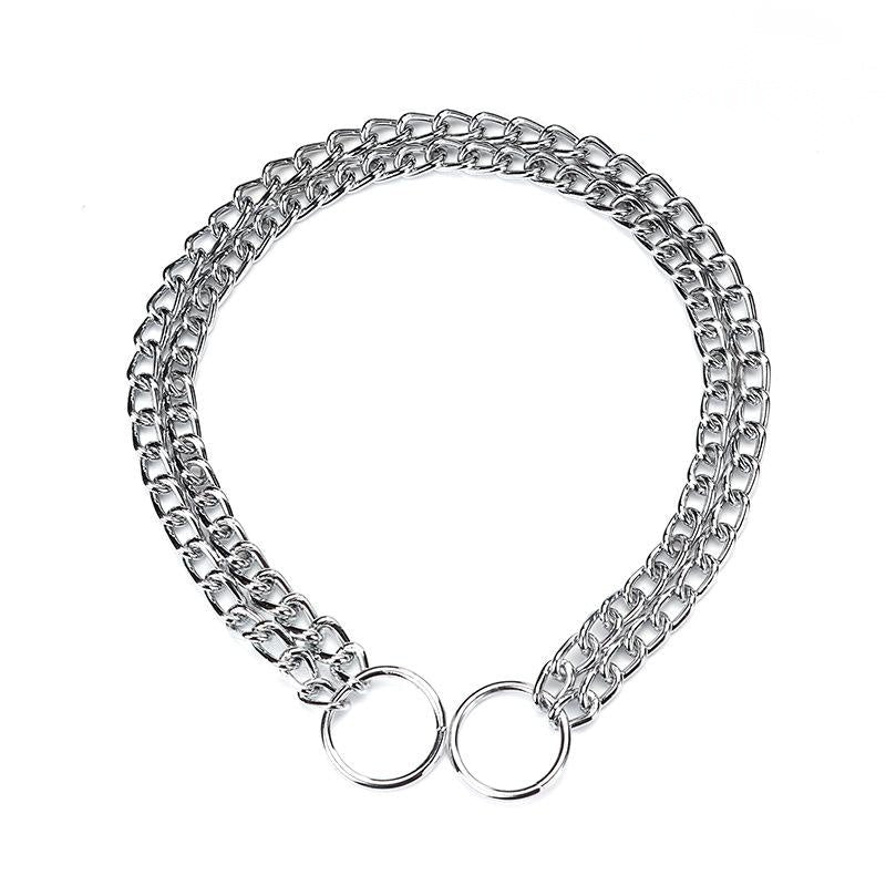 HKM-790547 Chrome-Plated Double-Row Chain Dog Collar - Durable Iron, 2.0mm, 2.5mm, 3.0mm Options