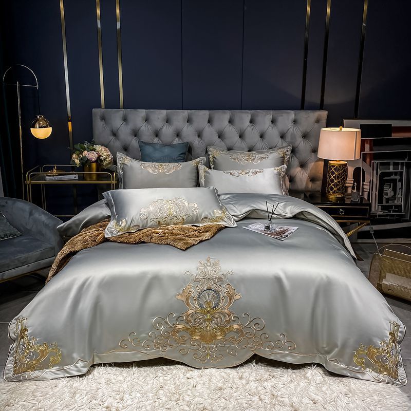 HKM-790995 Solid Embroidered Satin Cotton Bedding Set with Quilt Cover and Pillowcases
