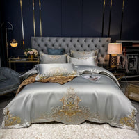 HKM-790995 Solid Embroidered Satin Cotton Bedding Set with Quilt Cover and Pillowcases