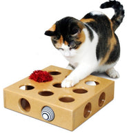 HKM-7914429 Heavy-Duty Wooden Cat Toy Box with 9 Holes for Interactive Play and Natural Behavior Encouragement