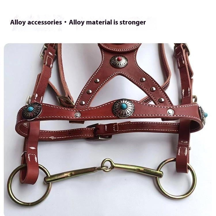 HKM-7915069 Elegant Pure Cowhide Horse Halter with Metal Buckle and Reins in Red and Black