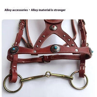 HKM-7915069 Elegant Pure Cowhide Horse Halter with Metal Buckle and Reins in Red and Black